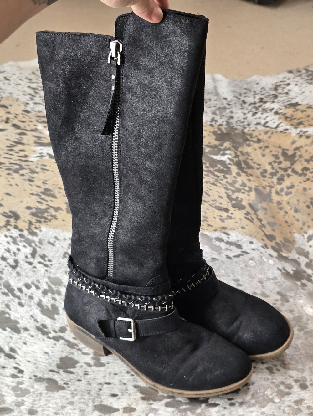Kohl's Black Suede Knee-High Boots with Decorative Zipper & Buckle - Picture 6 of 8
